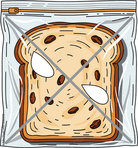 Raisin bread slice in plastic bag with X mark, no entry symbol, quarantine and censorship concept.