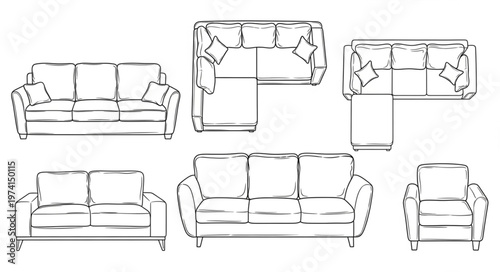 Elegant Living Room Furniture Set Sketch for Interior Design.