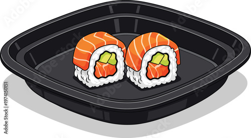 Salmon sushi rolls with avocado and rice served in black plastic takeout container on transparent bg.