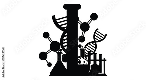 Scientific research imagery with dna beakers and a bold silhouette
