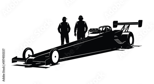 Drag racing team and vehicle in striking black silhouette high quality