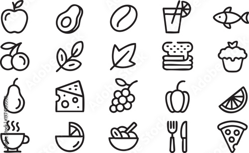 Food and nutrition icons set with fruit vegetables meals and snacks for restaurant branding