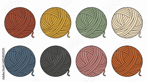 Collection of eight colorful yarn balls in muted tones arranged in a grid on a white background, representing knitting supply shop branding, illustrating creative diy crochet workshop materials