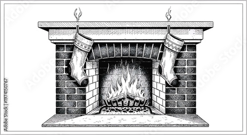 Christmas Stockings Hanging on Brick Fireplace with Fire