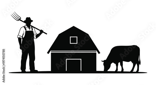 Farmer with pitchfork barn and cow in a striking black silhouette