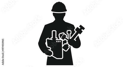 Construction worker holding tools a black silhouette against a white background