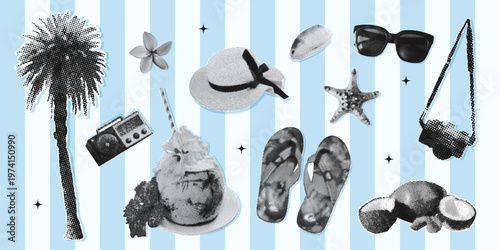 Retro summer beach collage halftone set with palm tree, radio, hat, coconut drink, flip flops, seashell and more. Tropical travel and tourism vector illustration