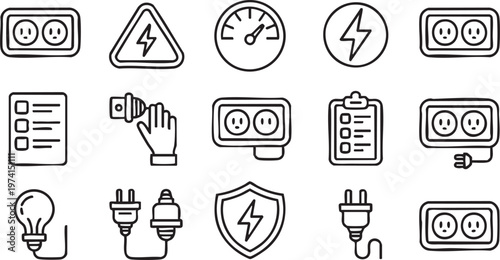 Electrical Energy Icons Featuring Voltage Meter and Safety Symbols