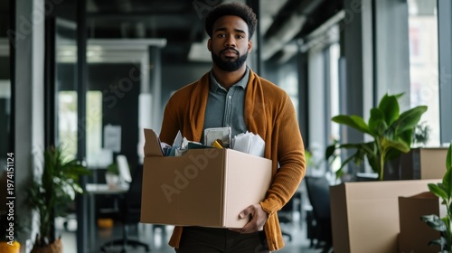 Serious businessman holding box with personal office items after job loss in workplace