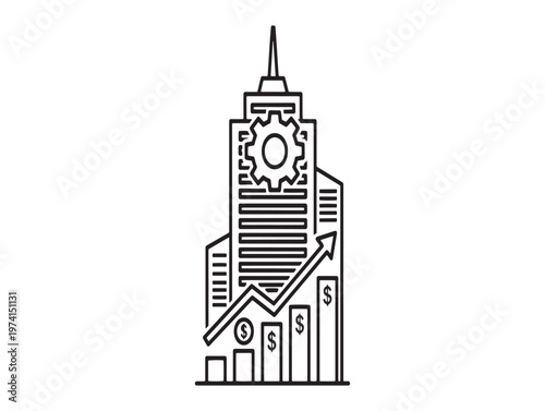 Title linear illustration of a skyscraper with gears charts and growth arrows description a black and white line drawing depicts a skyscraper