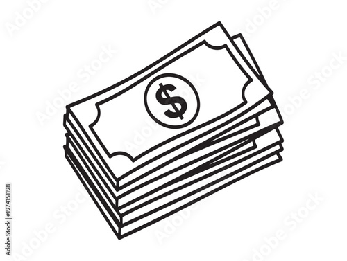 Simple black and white line drawing of a stack of united states dollar bills