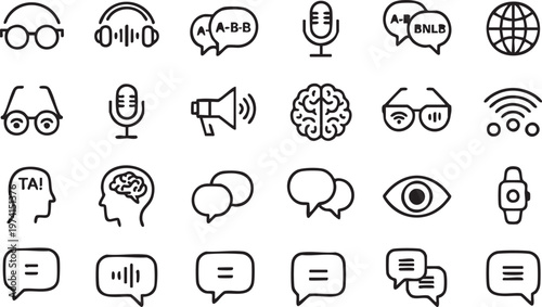Minimal Voice and Chat Icons with Brain and Audio Technology Symbols