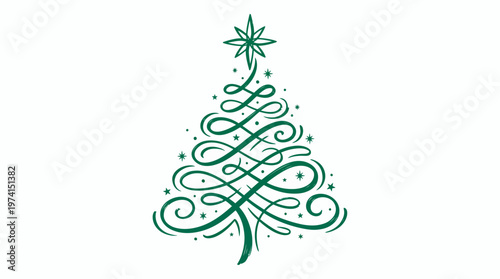 Elegant green swirling Christmas tree line art illustration with a star topper on white background, Symbolizing festive holiday season decoration, representing creative greeting card layout