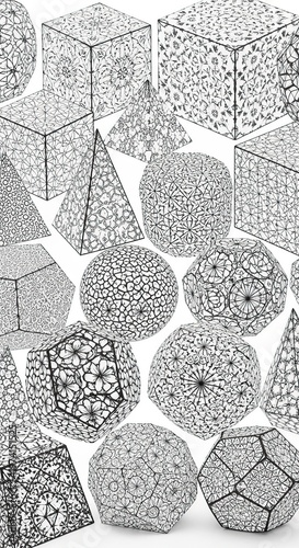 Geometric shapes and patterns, intricate designs, artistic composition, detailed structures.