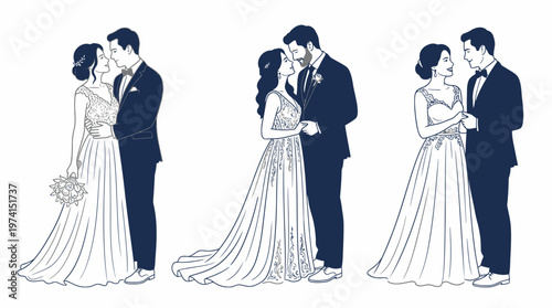 Set of elegant line art illustrations featuring wedding couples in formal attire against a plain white background, representing romantic wedding invitation designs, Symbolizing marital bliss