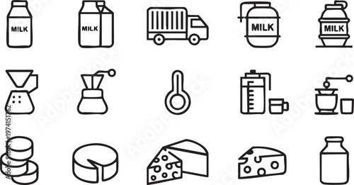 Dairy Milk and Cheese Icons Set for Food Production and Agriculture