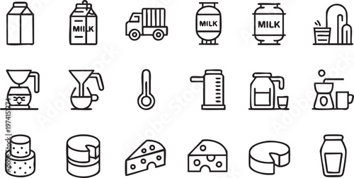 Minimal Dairy Product Line Icons with Milk Carton and Cheese Shapes