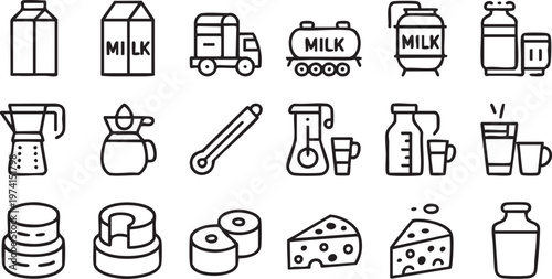 Milk Processing and Cheese Icons for Food Industry and Supply Chain