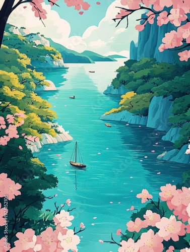 Serene lake landscape with cherry blossoms