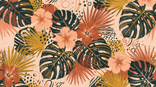 Artistic seamless pattern with tropical hibiscus flowers and monstera palm leaves in earthy terracotta tones, symbolizing bohemian fashion design, illustrating exotic wallpaper themes