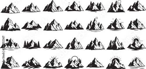 Mountain Range Silhouette Set Black and White Illustration