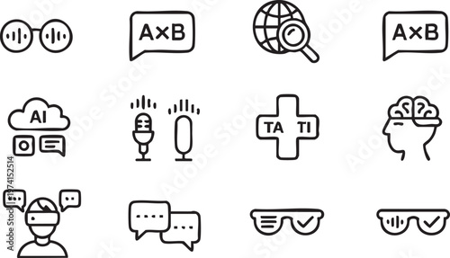 Language Communication Icons with AI Brain and Voice Technology