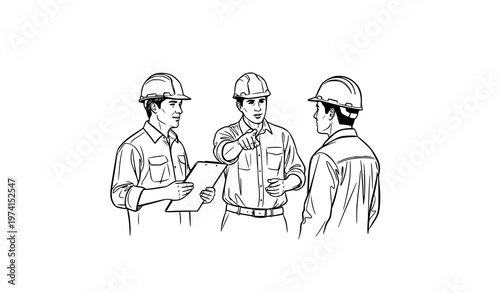 Builder team discussion with architect and contractor hand drawn sketch construction meeting vector illustration