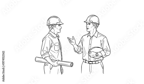 Construction worker and architect talking hand drawn line art with helmet business communication vector illustration