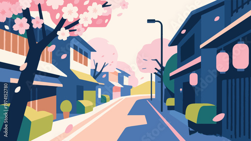Illustration Of Cherry Blossom Street In Japan With Soft Sunlight Vector Design Template