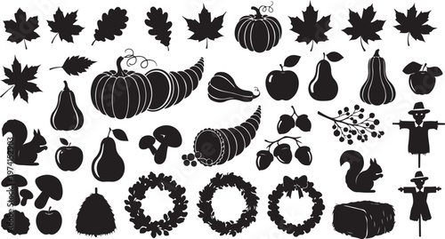 Black and white autumn icons and symbols set