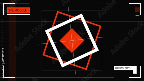 Futuristic HUD Digital Interface With Rotating Red And White Geometric Squares For Sci-Fi Motion Graphics