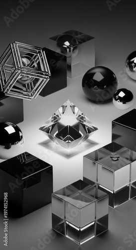 Geometric shapes composition in grayscale, abstract art, modern design.