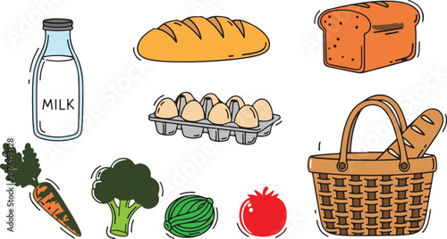 Grocery food items collection set with milk bread eggs vegetables and picnic basket icon.