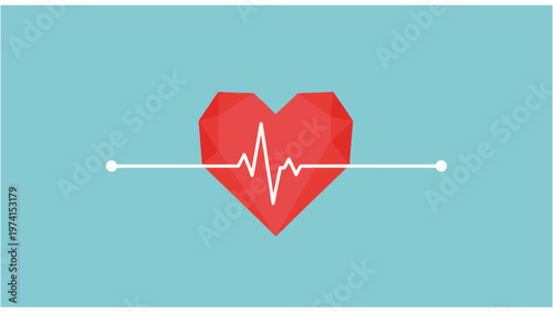 Polygonal red heart with a white electrocardiogram heartbeat line on a light blue background, symbolizing health, medical care, love, and life.