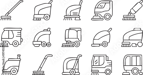 Janitorial Service Icons with Cleaning Machines and Maintenance Tools