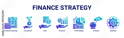 Finance Strategy web banner icon vector illustration with icons of Financial Planning,Investment,Cost,Revenue,Profit Margin,Forecast and Cashflow