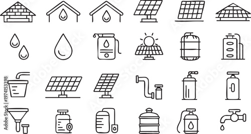 Water Energy Icons Set for Solar Sustainability and Resource Management
