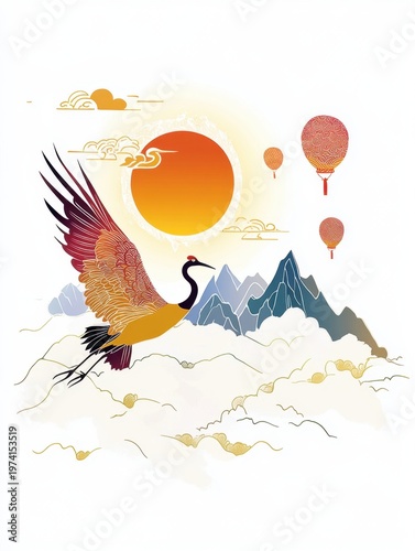 Crane Flying Over Mountains and Clouds