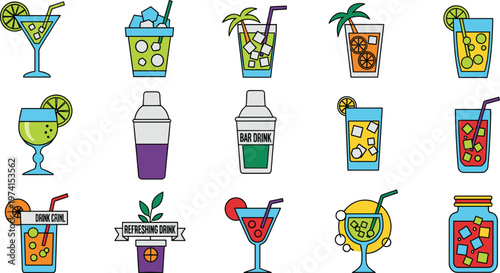 Cocktail Drinks Vector Set with Fresh Juice Mocktail Glass Summer Beverage Isolated on White Background