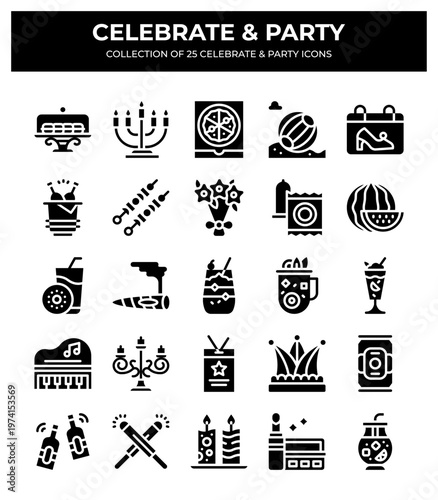 Collection of 25 Celebrate & Party Icons.  A vibrant set of party themed vector icons.