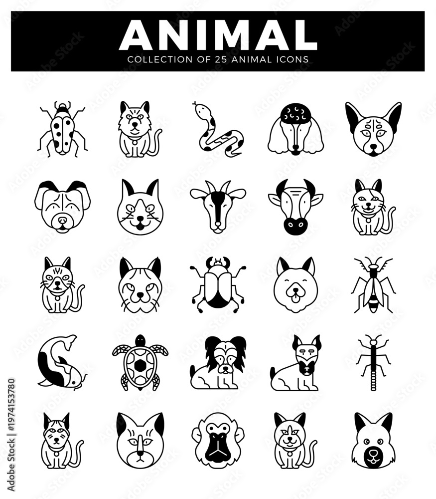 Fototapeta premium 25 minimalist line art animal icons on a white background. black and white collection.