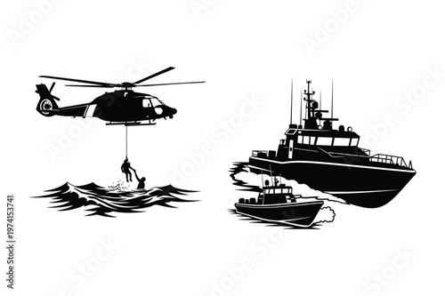 Helicopter rescue and patrol boats silhouette on water with helicopter, military