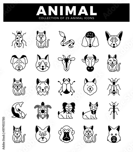 25 minimalist line art animal icons on a white background. black and white collection.