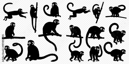 Set of black monkey silhouettes in various poses, including sitting, climbing, and running, on a transparent background.