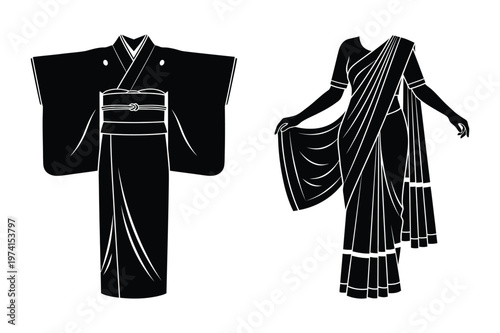 Traditional japanese kimono and indian saree vector silhouettes with silhouette