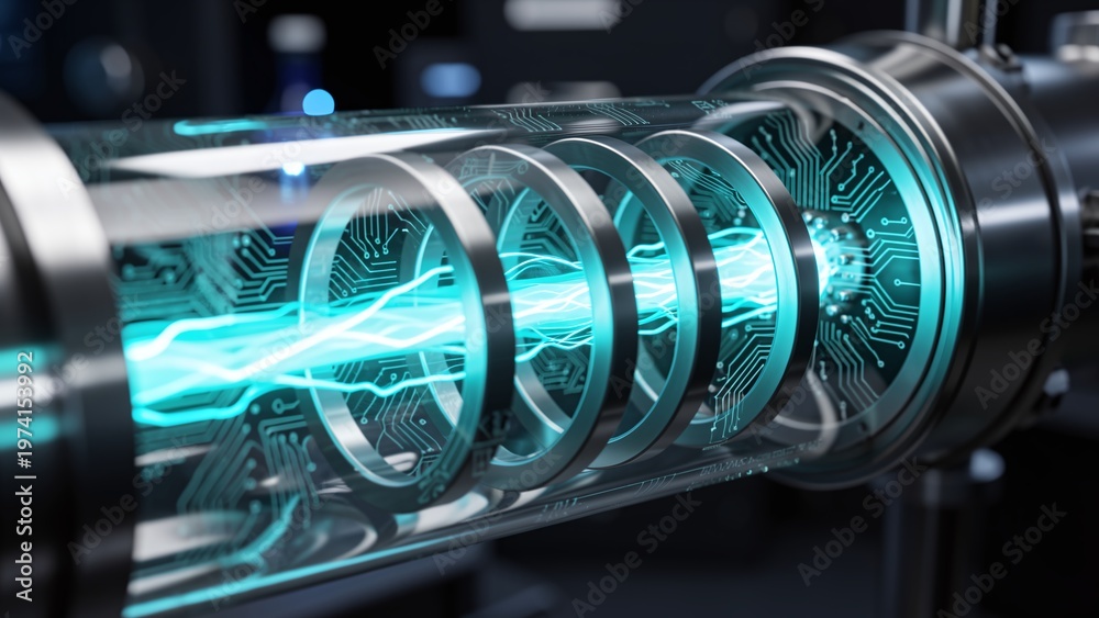 Fototapeta premium Macro Photograph of Cyan Plasma Flow in Transparent Electrolyzer Tube