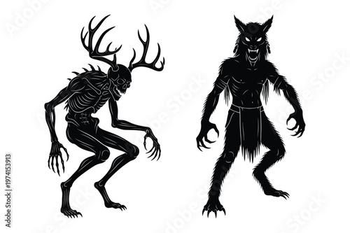 Two scary silhouette monsters, one with antlers and one with wolf-like features