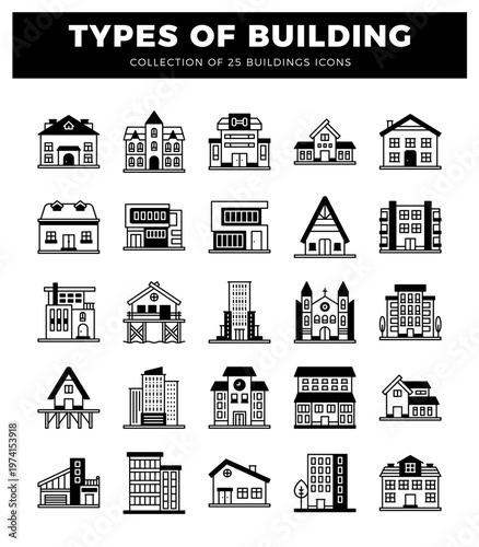 Building icon collection with 25 diverse structures