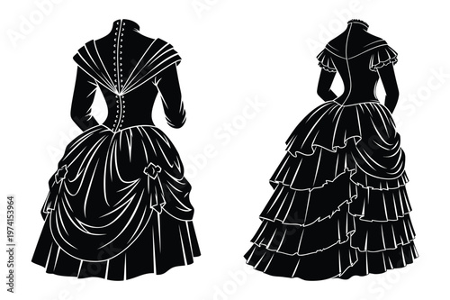 Black silhouette vector illustration of two victorian-era ball gowns, back view