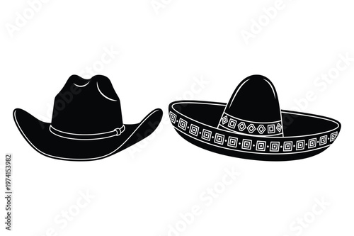 Cowboy hat and sombrero silhouette vector illustration with sombrero, headwear